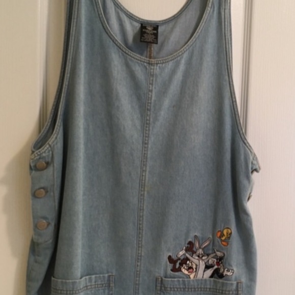 Vintage Looney Tunes Denim Overalls Style Dress with Rivet Buttons Ladies Large - Picture 11 of 11